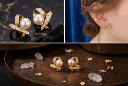 18K Solid Gold Heart Pearl Stud Earrings  Gift Women