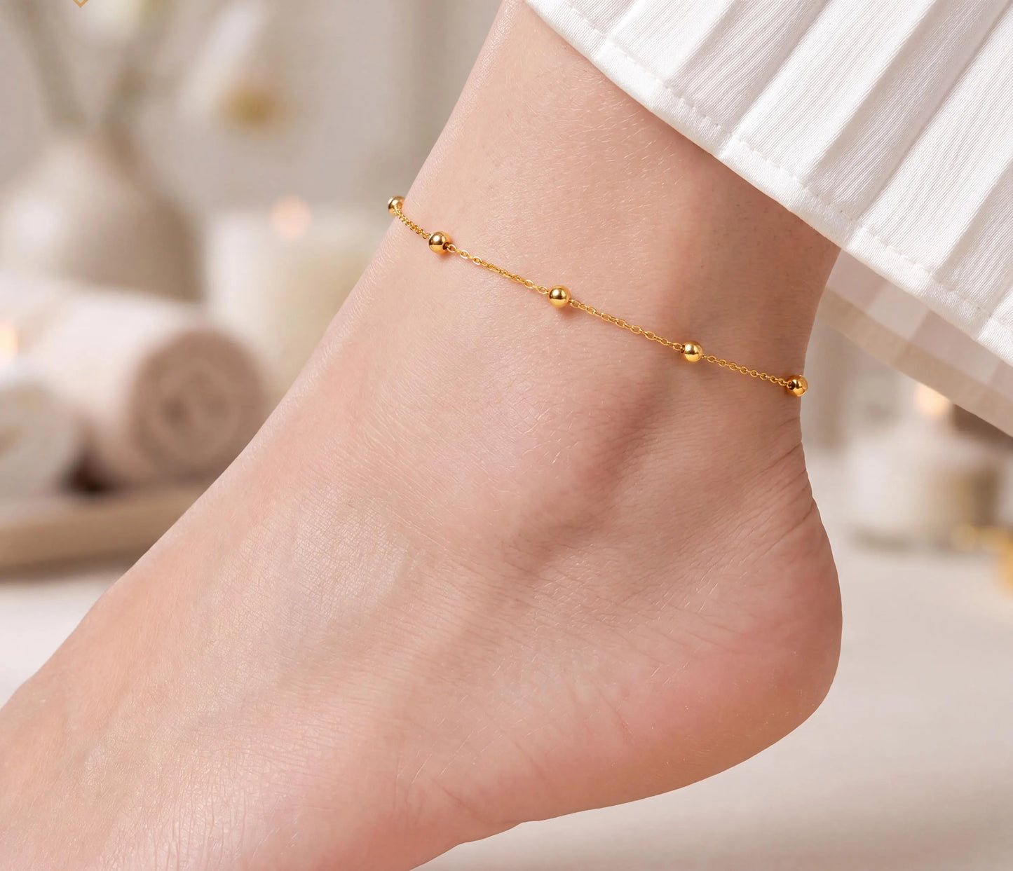 18K Solid Gold Beaded Anklet | Minimalist Dainty Foot Jewelry | Water-Resistant