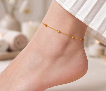 18K Solid Gold Beaded Anklet | Minimalist Dainty Foot Jewelry | Water-Resistant