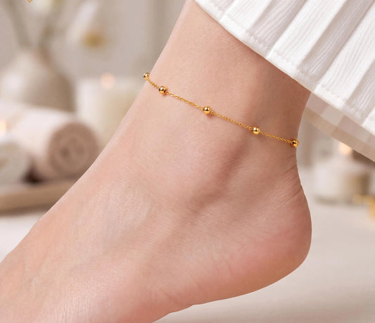 18K Solid Gold Beaded Anklet