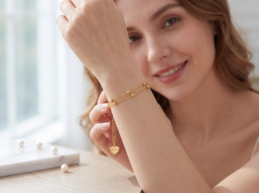 18K Gold Double Layer Beaded Bracelet | Dainty Chain Jewelry for Women