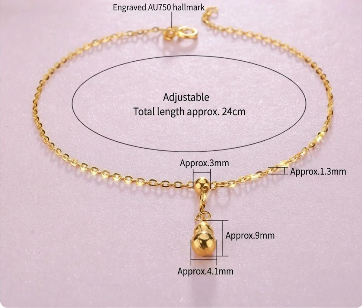 18K Gold Gourd Charm Anklet – Adjustable