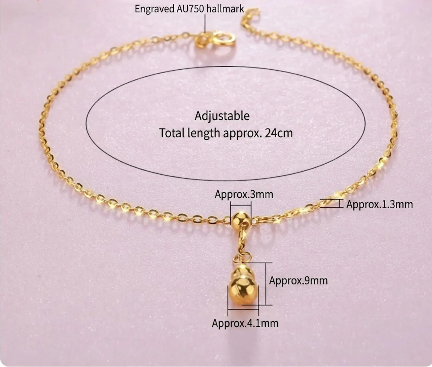 18K Solid Gold Anklet – Dainty Gourd Charm | Adjustable Beach Foot Jewelry