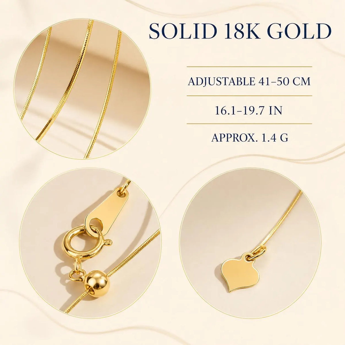 18K Solid Gold Snake Chain Necklace | Adjustable 16-20" | Dainty Heart Extender