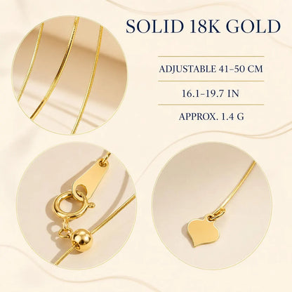 18K Solid Gold Snake Chain Necklace | Adjustable 16-20" | Dainty Heart Extender