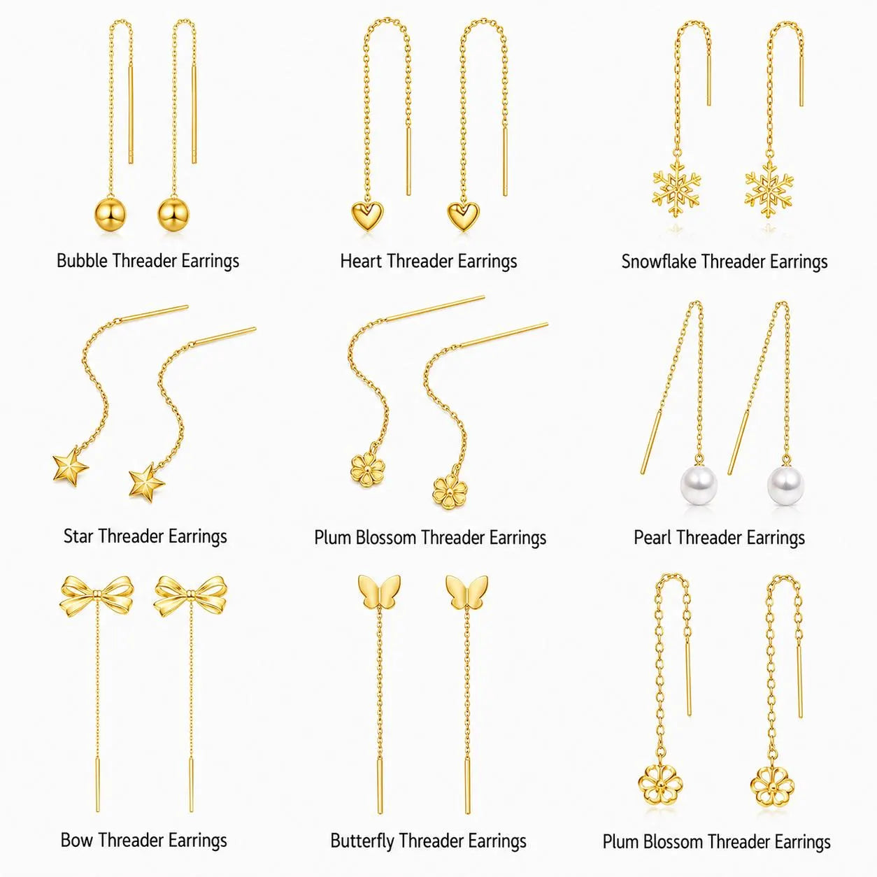 18K Solid Gold Threader Earrings, Heart, Star, Pearl, Butterfly, Bow Designs