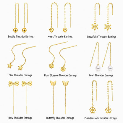 18K Solid Gold Threader Earrings, Heart, Star, Pearl, Butterfly, Bow Designs