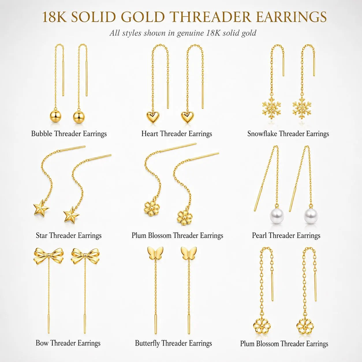 18K Solid Gold Threader Earrings, Heart, Star, Pearl, Butterfly, Bow Designs