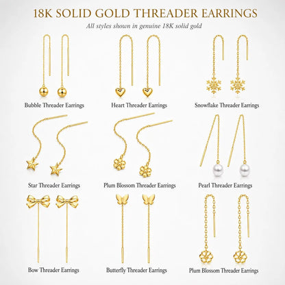 18K Solid Gold Threader Earrings, Heart, Star, Pearl, Butterfly, Bow Designs