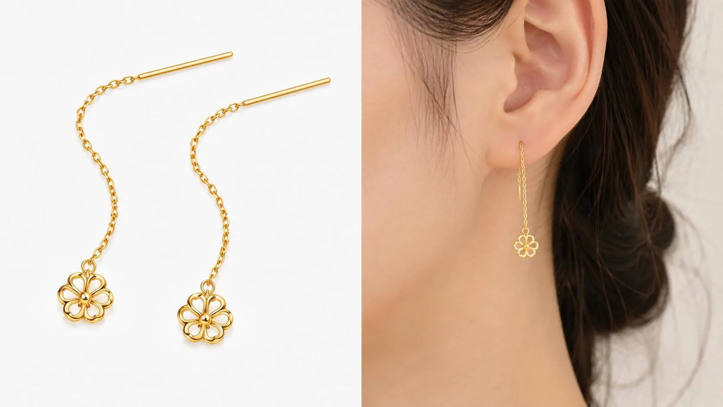 18K Solid Gold Threader Earrings, Heart, Star, Pearl, Butterfly, Bow Designs