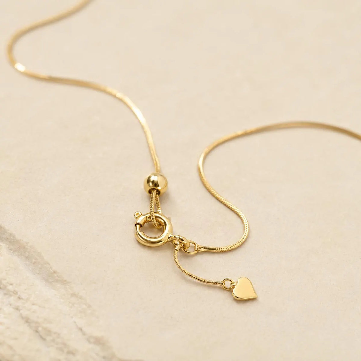 18K Solid Gold Snake Chain Necklace | Adjustable 16-20" | Dainty Heart Extender
