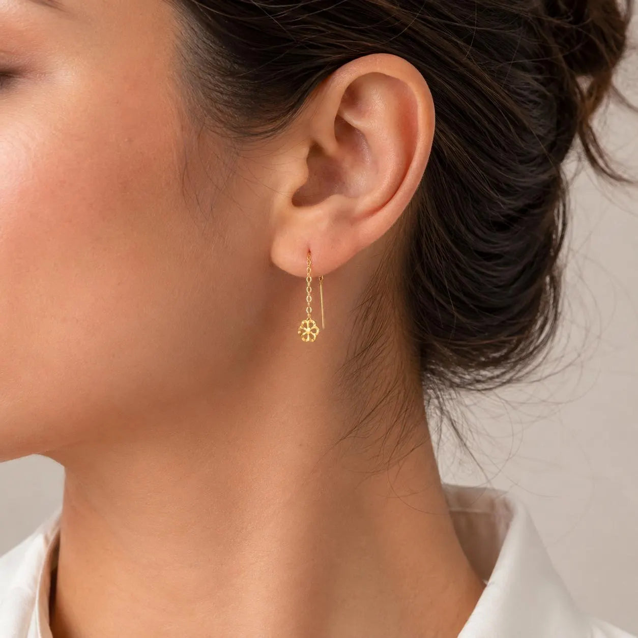 18K Solid Gold Threader Earrings, Heart, Star, Pearl, Butterfly, Bow Designs