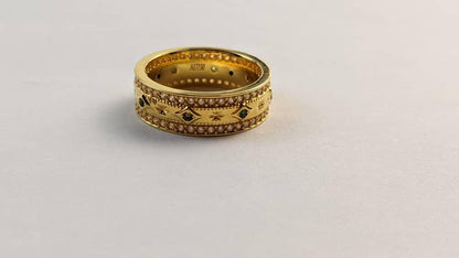 18K Solid Gold Double Row Diamond & Emerald Band
