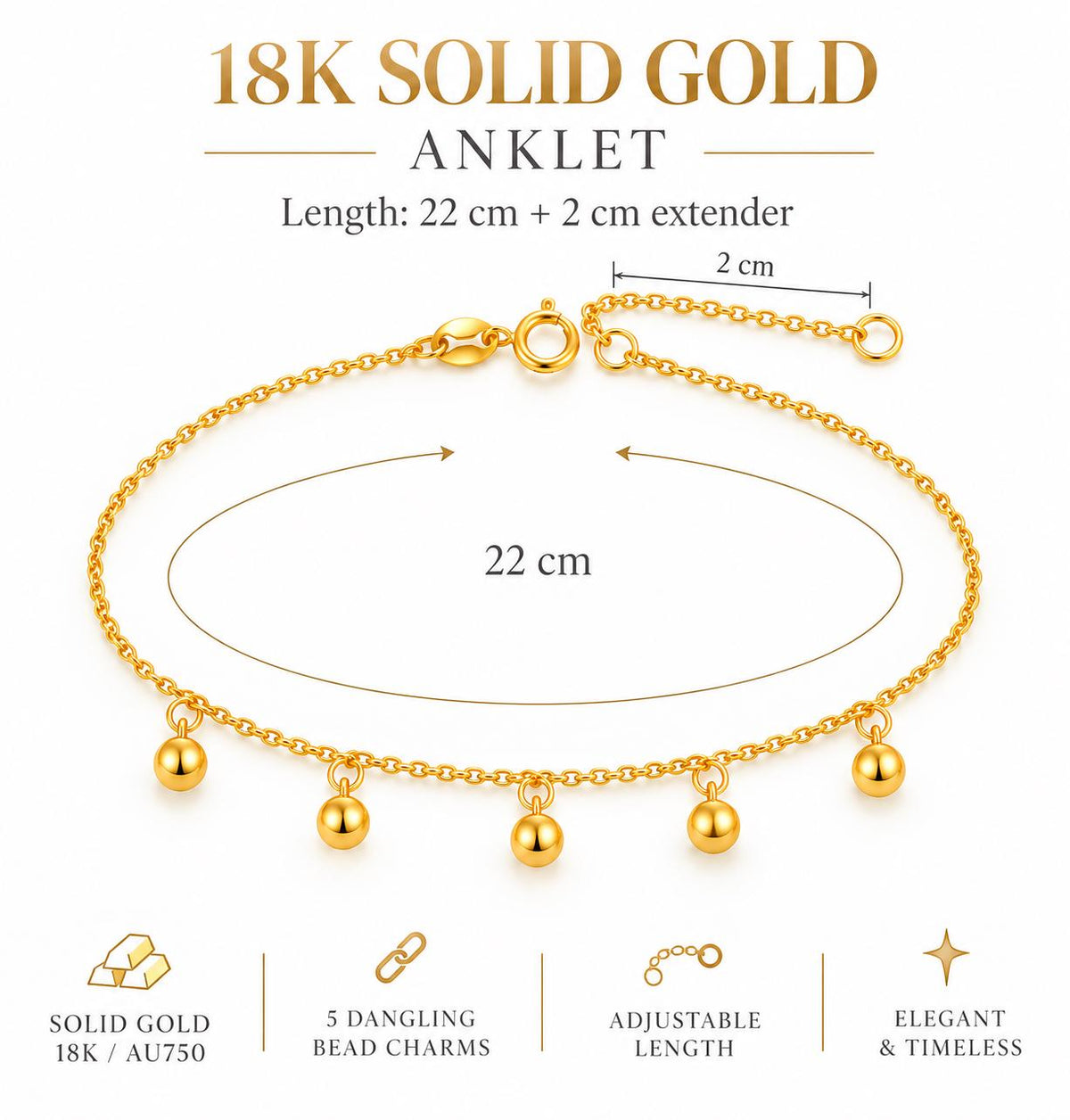 18K Solid Gold Bead Charm Anklet – Adjustable