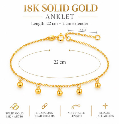 18K Solid Gold Bead Charm Anklet – Adjustable
