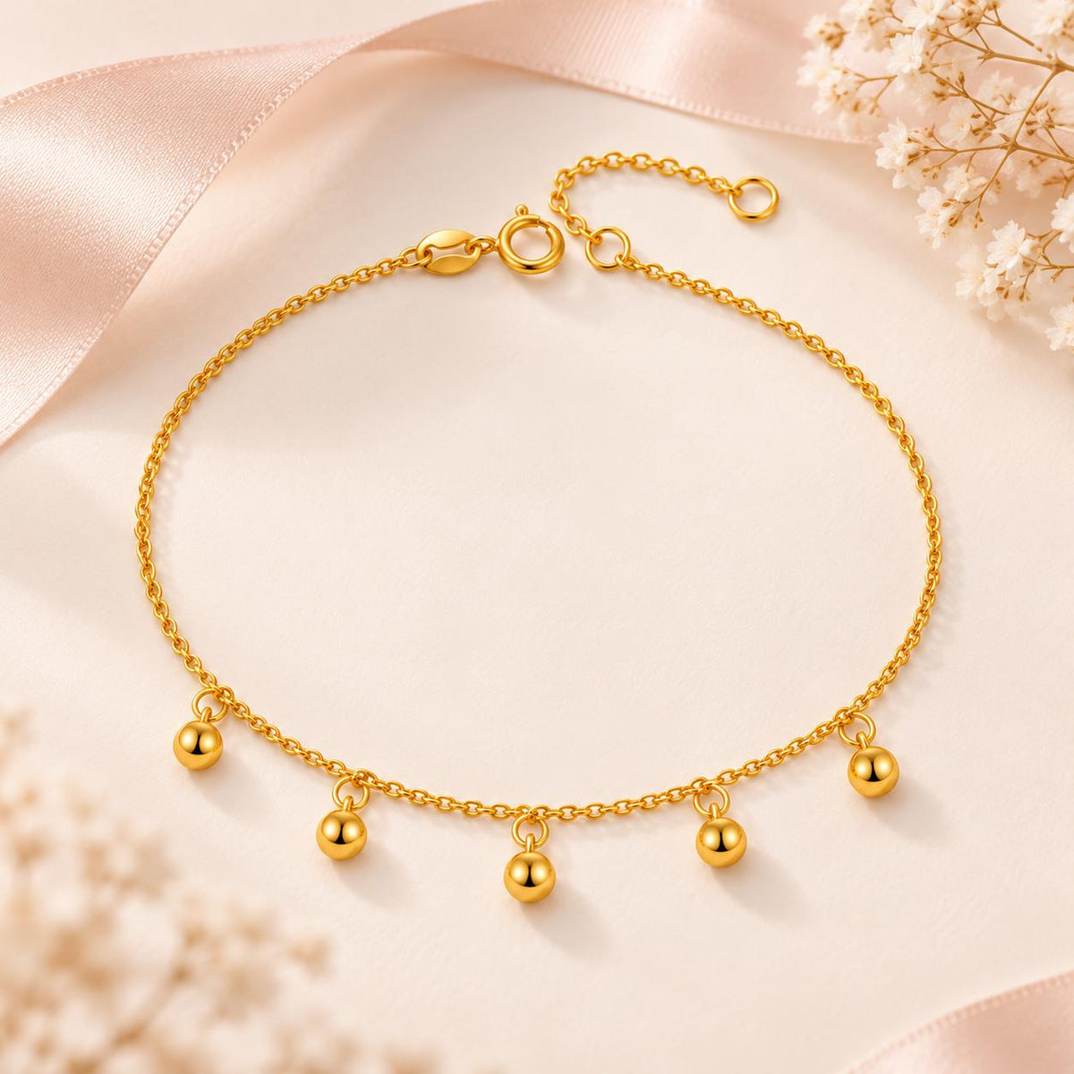 18K Solid Gold Bead Charm Anklet – Adjustable