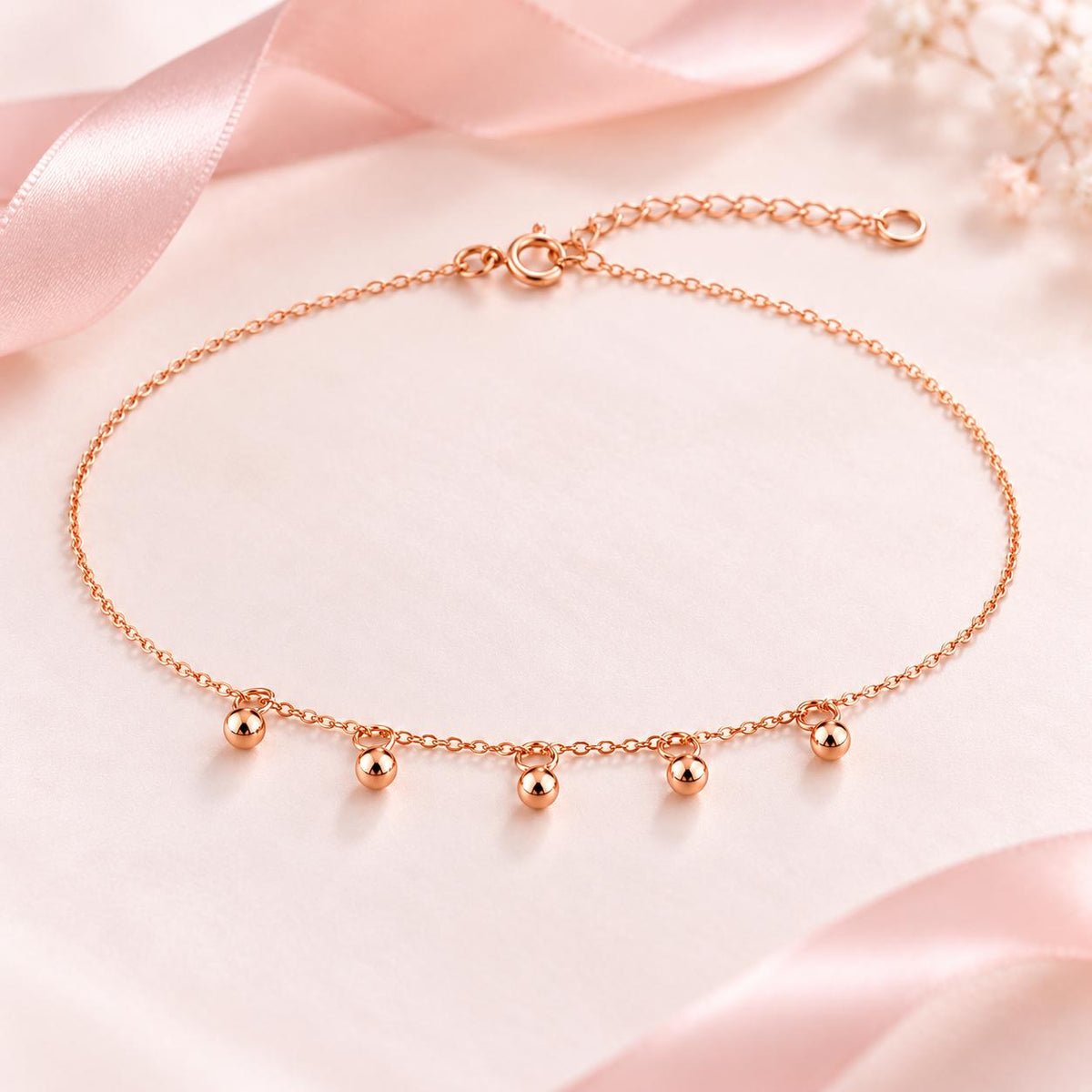18K Solid Gold Bead Charm Anklet – Adjustable