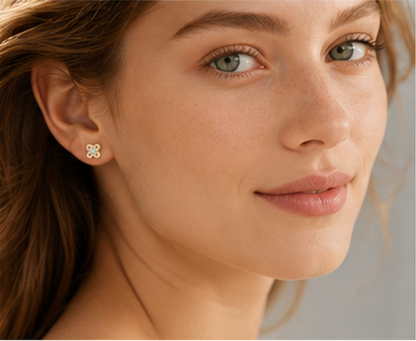Solid Gold Four Leaf Clover Moissanite Stud Earrings, 10K Yellow Gold, Lucky Clover Earrings, Diamond Alternative, Minimalist Gift