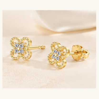 Solid Gold Four Leaf Clover Moissanite Stud Earrings, 10K Yellow Gold, Lucky Clover Earrings, Diamond Alternative, Minimalist Gift