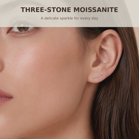 10K Gold Moissanite Ear Climber Earrings: Three-Stone Curved Studs