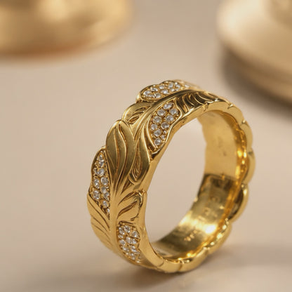 18K Solid Gold Feather Leaf Ring, Yellow Gold Moissanite Band, Unisex Botanical Jewelry