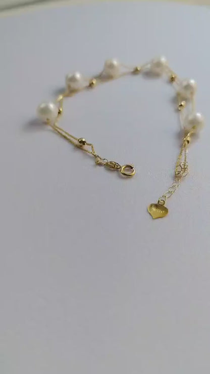 18K Solid Gold Double Row Pearl Bracelet, Au750 Chopin Chain, Real Freshwater Pearls