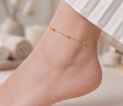 18K Solid Gold Beaded Anklet | Minimalist Dainty Foot Jewelry | Water-Resistant
