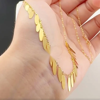 18K Solid Gold Willow Leaf Necklace, AU750 Dainty Fringe Choker