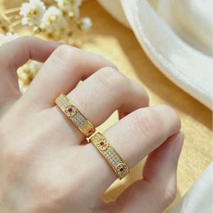 18K Solid Gold Geometric Pavé Ring, Yellow Gold Red Gemstone Band, Moissanite Unisex Jewelry