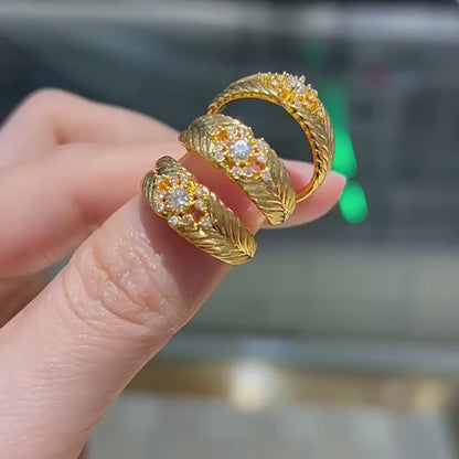 18K Solid Gold Moissanite Ring, Phoenix Feather Floral Cluster, Vintage Statement Jewelry
