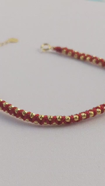 18K Solid Gold Diamond-Cut Bead Burgundy Cord Bracelet