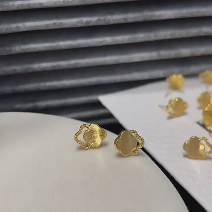 18K Solid Gold Clover Stud Earrings, Brushed Yellow Gold, Lucky Charm Jewelry