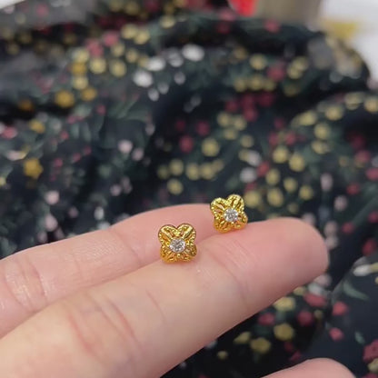 18K Solid Gold Moissanite Flower Stud Earrings, Dainty Four-Petal Design