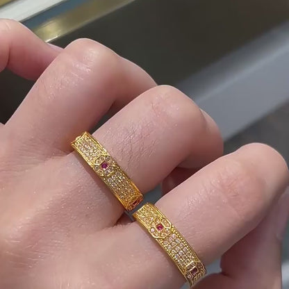 18K Solid Gold Geometric Pavé Ring, Yellow Gold Red Gemstone Band, Moissanite Unisex Jewelry