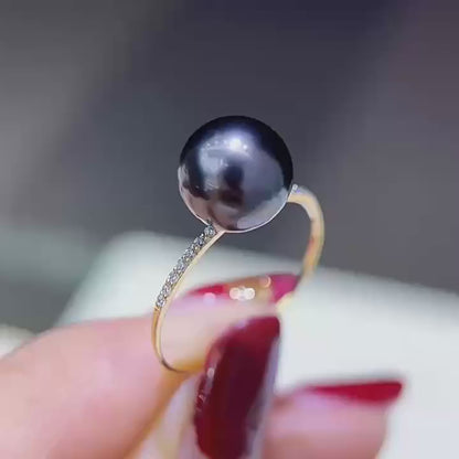 18K Solid Gold Tahitian Pearl Ring, 8-9mm Black Seawater Pearl, Elegant Solitaire Jewelry