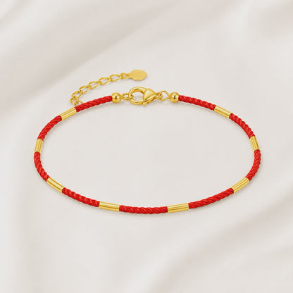 18K Solid Gold Red Cord Bracelet, AU750 Yellow Gold Lucky Clasp, Minimalist Adjustable Jewelry