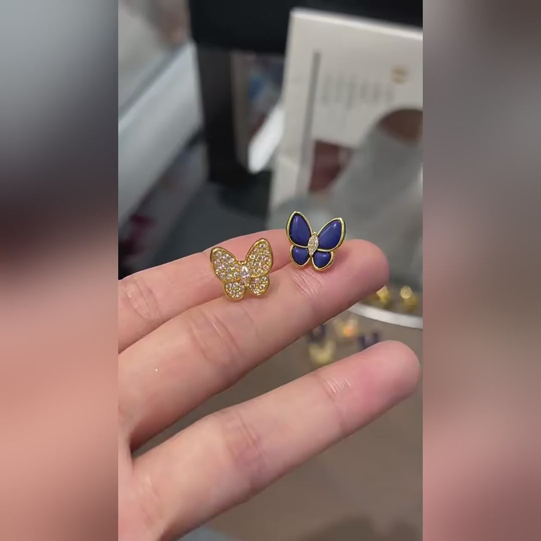 18K Solid Gold Butterfly Stud Earrings – Zircon or Blue