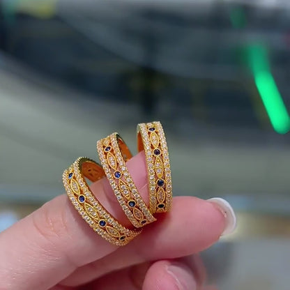 18K Solid Gold Wide Band Ring, Blue Stone Statement Jewelry, Vintage Inspired Fine Ring