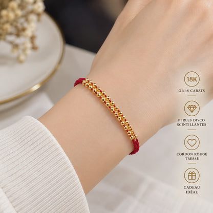 18K Solid Gold Faceted Bead Bracelet, Red Cord, Adjustable (49 or 97 Beads)