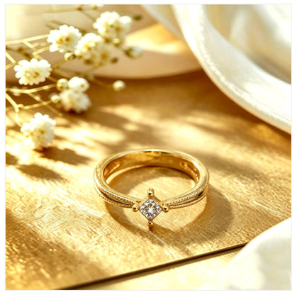 18K Solid Gold Princess Cut Zircon Ring, Vintage Inspired Dainty Solitaire Fine Jewelry